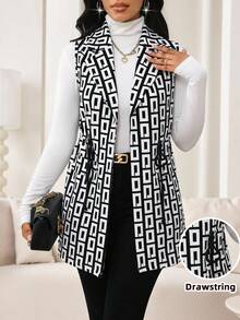 SHEIN Lady 秋冬女款黑白几何印花翻领抽绳腰背心外套 - 彩色 - 查看 1