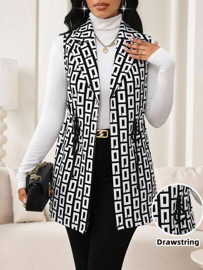 SHEIN Lady 秋冬女款黑白几何印花翻领抽绳腰背心外套