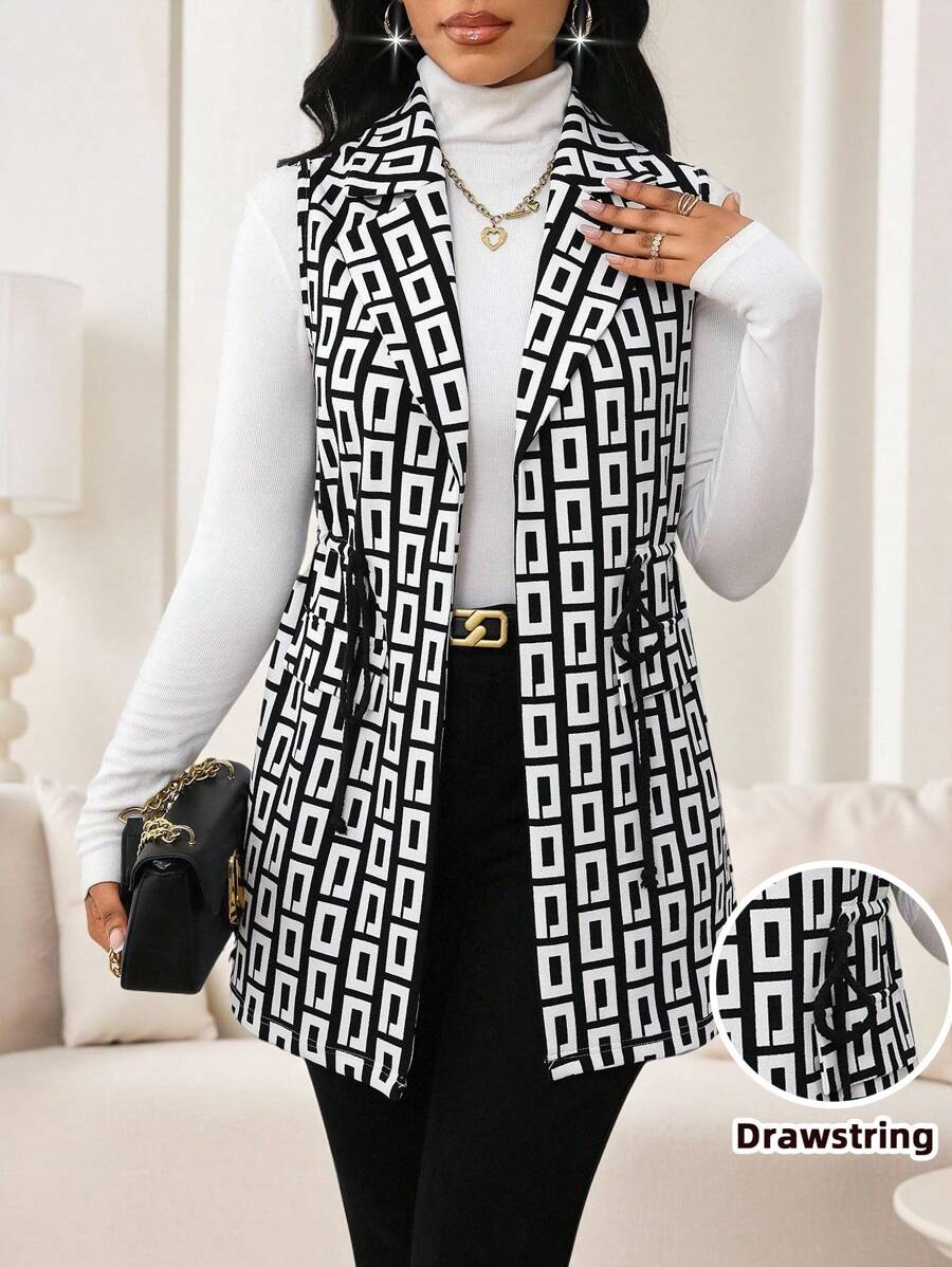 SHEIN Lady 秋冬女款黑白几何印花翻领抽绳腰背心外套 - 彩色 - 查看 1