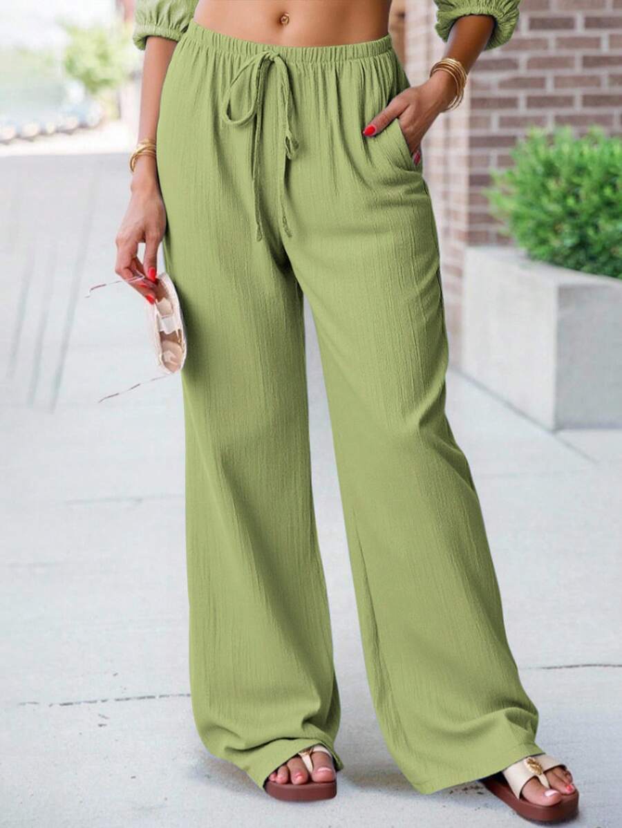 ReShift Plus Size Women Elastic Waist Casual Functional Textured Solid Wide Leg Pants - Green - View 1