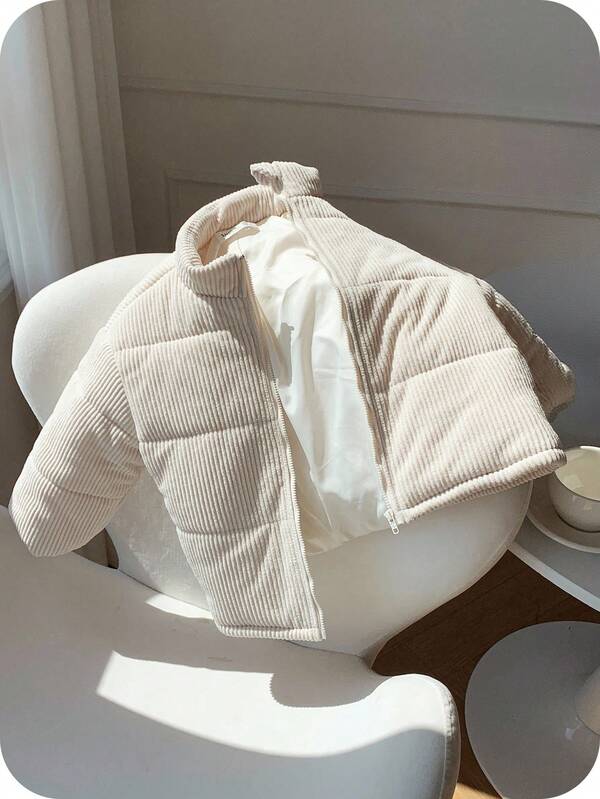 SHEIN Young Boys Casual Everyday Sports Comfortable Thick Corduroy Ribbed Collar Loose Padded Coat, Quilted Winter Coat Suitable For Autumn/Winter Home, Outdoor Activities, Skiing, Playing In Snow Kids Corduroy Jacket Toddler Corduroy Jacket Kids Winter Jacket Fall