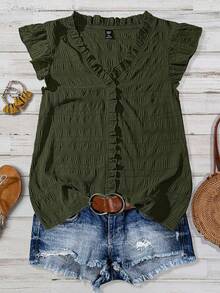 Linhara 大码女式纯色纹理V领荷叶边泡泡袖修身休闲常规衬衫 - 軍綠色 - 查看 3