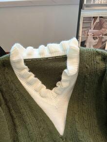 Franclia French Casual Style Olive Green V-Neck Ruffled Trim Pom Pom Knit Pullover Sweater