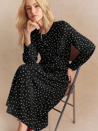 Écloséra New Retro Casual Going Out Autumn Polka Dot Round Neck Slim Women's Dress Ladies Autumn Dress Going Out Dress Women's Vacation Wear Fall Cloth For Women