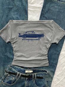 Attitoon 女士休闲腰部褶饰露肩修身短袖 T 恤，适合夏季，34% 棉，复古汽车印花，复古风，美式休闲 - 淺灰色 - 查看 5