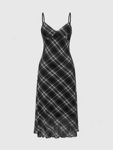 SHEIN 少女格子无袖休闲连衣裙，简约格纹吊带连衣裙，复古百搭轻盈假日风格