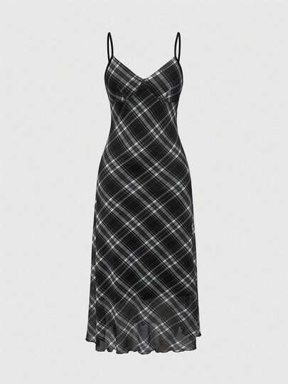 SHEIN 少女格子无袖休闲连衣裙，简约格纹吊带连衣裙，复古百搭轻盈假日风格