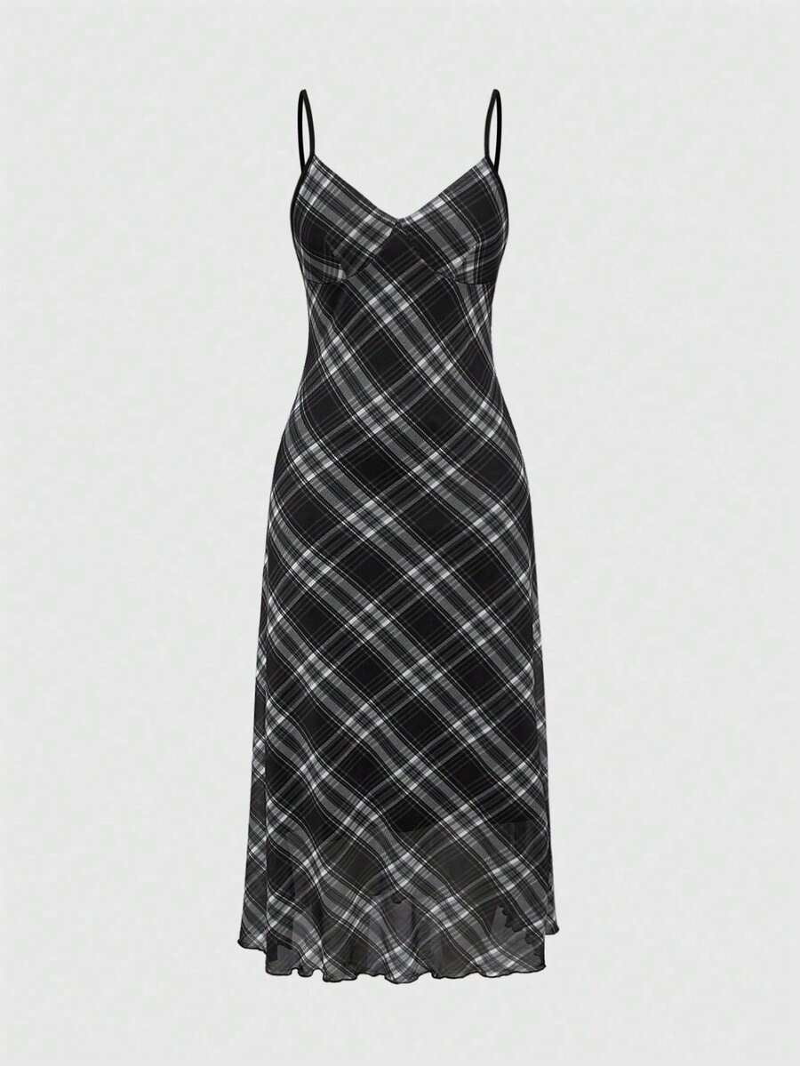 SHEIN 少女格子无袖休闲连衣裙，简约格纹吊带连衣裙，复古百搭轻盈假日风格