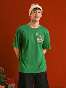 LOONEY TUNES X SHEIN 男士卡通圣诞圆领短袖T恤 - 綠色 - 查看 4