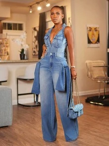 SHEIN BamGlam Women's Washed Blue Denim Bowknot Loose Straight Leg Low Waist Jeans, All Season