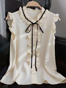 Franclia 无袖荷叶边休闲宽松衬衫，优雅女士衬衫，红色女士夏季上衣 - 杏色 - 查看 4