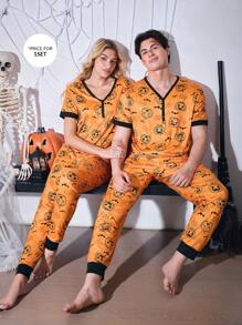 CoupledUp Halloween Funny Pumpkin Print V-Neck Contrast Color Block Men Casual Sleepwear Set - Orange - View 5