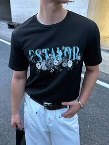 SWAVVY 男士休闲街头风格日常穿着圆领短袖印花 T 恤，夏季 - 黑色 - 查看 4