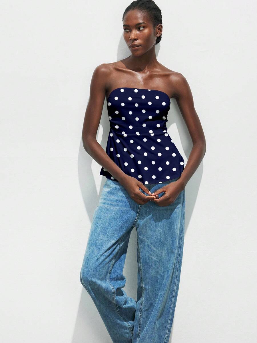 Maija 女式波尔卡圆点图案褶皱娃娃紧身吊带背心，时尚百搭都市商务休闲装，适合圣诞节、万圣节、派对、郊游 - 彩色 - 查看 1