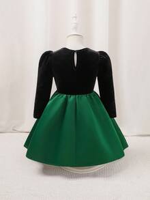 Glamorique Kids Young Girl Autumn/Winter New Velvet Patchwork Satin Design V-Neck Bow Elegant Party Long Sleeve Dress,Christmas Dress Fall - Green - View 2