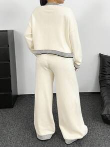 POPSWAY Autumn/Winter New Minimalist Versatile Faux Pocket Cardigan Long Sleeve Top And Pants Knit Suit Set Fall Cloth For Women - Apricot - View 3