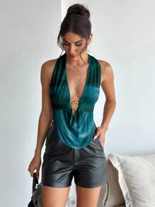 Aloruh Women's Elegant Sexy Deep V Draped Neck Ruched Metal Decor Sexy Elegant Camisole, Ombre Print