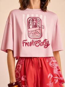 CAJUNI Áo thun tay ngắn họa tiết nhiệt đới vui nhộn dành cho nữ, màu hồng - Nhiều màu - Xem 4