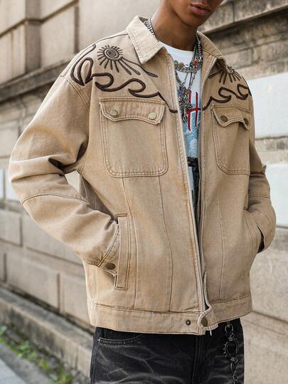 PAVTROS Manfinity Streetrush Street Fashion Print Men's Loose Denim Jacket Men Graphic Jacket Vintage Jacket Men Embroidered Jacket Western Cowboy Vintage Washed For Slim-Fit