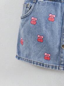 1 件女童休闲可爱樱桃蓝色水洗牛仔短裙，校园风格 - 藍色 - 查看 5