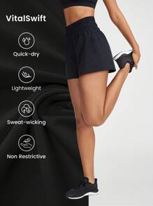 GLOWMODE 3" VitalSwift Ultra-Light Smocked High-Waist Loose Shorts With Side Pockets Low Impact Daily Casual Quick Dry Moisture Wicking - Black - View 4