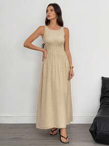 SHEIN Tall New Summer Waist Long Dress For Women, Minimalist And Versatile, Waist Pleated Slim Sleeveless A-Line Long Dress For Women, Imitation Linen Flowing Long Dress For Women,Business Casual Woman Business Women Attire
