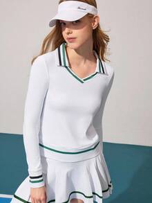 Gameset SHEIN Sport Sweatshirt Pullover Lengan Panjang Kasual dengan Motif Garis Kontras - Putih - View 4
