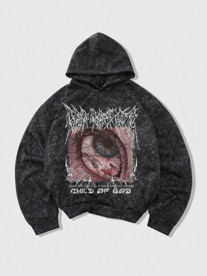Goth Men's Graphic Hooded Sweatshirt, Vintage Style Hoodie With Eye & Handwritten Font Print, Detailed Design, Fall