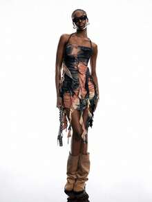 LYSMO 2025 New Arrival Spring-Summer Women's Post-Apocalyptic Style Vintage Distressed Tie-Dye Ruffled Asymmetrical Long Slim Halter Neck Camisole, Vintage Casual, Post-Apocalyptic Aesthetic - Multicolor - View 3