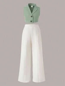 SHEIN 女大童素色短款馬甲西裝外套&闊腿褲 - 綠色 - 查看 7