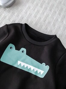 Cozy Pixies 男童卡通动物图案针织柔软圆领长袖套头卫衣，鳄鱼图案卫衣，可爱卫衣 - 黑色 - 查看 5