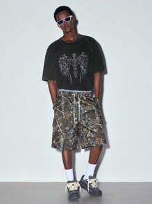 MODCRASH 男士夏季翅膀印花圆领落肩袖休闲做旧水洗T恤，街头风，哥特风，图案T恤，春夏款 - 黑色 - 查看 1