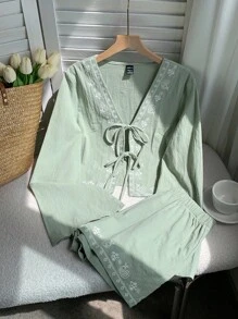 Comfortcana Bộ áo sơ mi và quần short in họa tiết hạt điều Bohemian dành cho nữ - Màu xanh Bạc hà - Xem 4