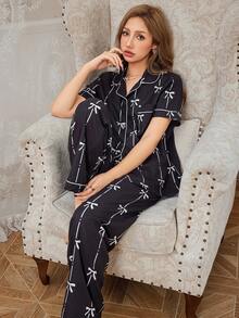 CottageSlumber 女士撞色镶边领口前开蝴蝶结印花短袖纽扣上衣和裤子睡衣套装黑色睡衣套装女士女士睡衣套装黑色睡衣套装女士睡衣套装女士睡衣套装 - 彩色 - 查看 5