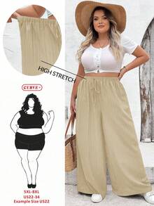 SHEIN CURVE+ 女式加大码宽松黑色阔腿梭织裤（腰带款） - 杏色 - 查看 1