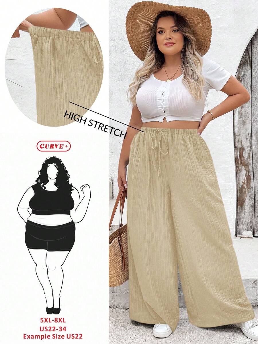 SHEIN CURVE+ 女式加大码宽松黑色阔腿梭织裤（腰带款） - 杏色 - 查看 1