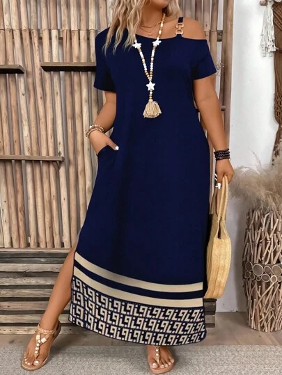 EMERY ROSE Plus Size Women's Casual Minimalist Holiday Floral Print Off-Shoulder Maxi Dress, Summer Long Ladies Dress