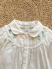 Vintaside Kids 女婴休闲可爱花卉刺绣翻领长袖衬衫，适合春夏秋季 - 米色 - 查看 8