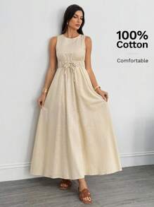 SHEIN Tall Women's Solid Color Knotted Sleeveless Maxi Casual Dress, Summer - Apricot - View 7