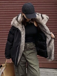DAZY Women's Fur Collar Patchwork Padded Coat, Autumn/Winter Jacket Y2k - Black - View 7