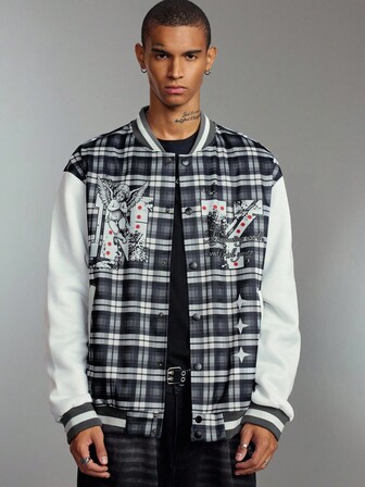 Street Life Veste de baseball polyvalente et décontractée pour hommes avec patchwork à carreaux et boutons devant, automne