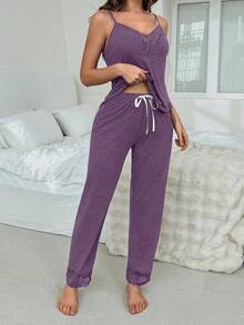V-Neck Lace Trim Soft & Comfortable Women Casual Loungewear Set - Purple - View 3