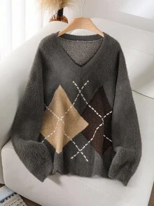 CosyJoli 大码休闲菱形格子仿皮毛拼接套头衫针织衫菱形花纹毛衣秋季毛衣女士V领毛衣毛绒针织毛衣 - 彩色 - 查看 1