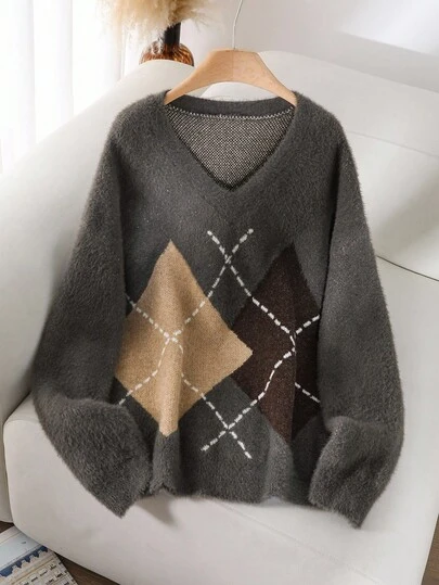 CosyJoli 大码休闲菱形格子仿皮毛拼接套头衫针织衫菱形花纹毛衣秋季毛衣女士V领毛衣毛绒针织毛衣