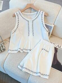 Franclia 女士白色波浪图案无袖背心和短裤套装 - 白色 - 查看 3