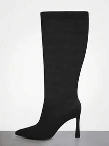 SHUZIA 女士迷人性感尖头中筒高跟靴，黑色