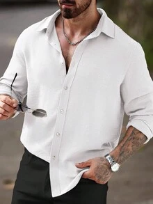 Manfinity CasualCool 男士白色休闲亚麻前扣长袖休闲衬衫，适合秋季