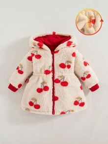 SHEIN Playful Pals 1 件婴儿女孩冬季新夹克，樱桃保暖内衬，厚实，休闲，落肩，长袖，松紧腰带，拉链，连帽开衫，多功能，温暖外套