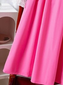 Tween Girls' 1 Piece Dress With Contrasting Color Cuff Ruffle Design, Fit-And-Flare Silhouette, Pink And White, Autumn, Elegant, Wedding Guest Party - Pink - View 7