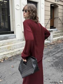 ATUI Studio 2 pièces Ensemble de pull tricoté décontracté à col rond, manches longues et épaules tombantes, couleur unie pour femmes